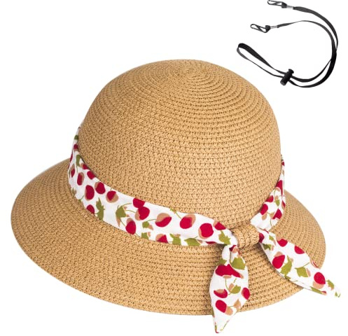 Girls Sun Straw Hat Kids Summer Beach Packable Hats Khaki Cute Floppy Wide Brim UV Protection Cap Adjustable Size with Chin Strap for Toddler Baby Childrens Little Girl Ages 5 6 7 8 9 10 Years