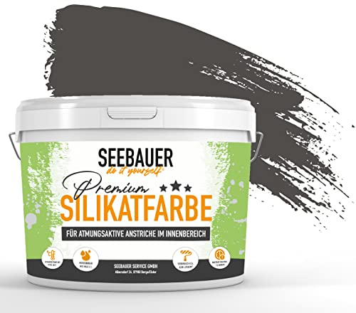 SEEBAUER diy Silikatfarbe Anthrazit 5L für Innen (No. 102 Black Pearl) Atmungsaktive Mineralfarbe für Allergiker - Abwaschbare Wandfarbe - Anthrazittöne hohe Deckkraft