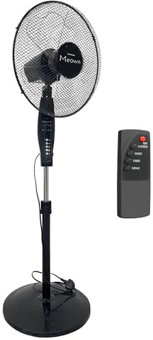 Meown 16-Inch Pedestal Fan – Silent Oscillating Standing Fan with Remote, 3-Speed Settings, Adjustable Height & Tilt, 7.5H Timer, Ideal for Bedroom, Office, Home – Black Electric Cooling