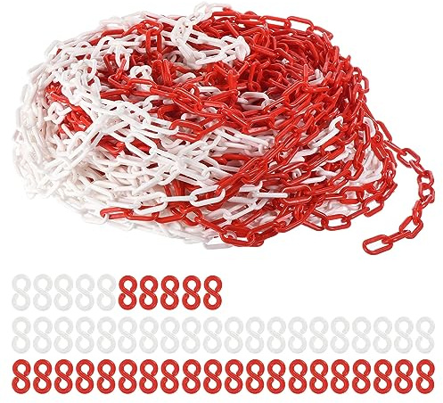 PATIKIL 60m Absperrkette Kunststoff mit 50 Kettenglieder Warnkette Plastikkette Sicherheitskette Plastik Dekorationskette von Flächen stabil für Absperrung, Rot Weiß