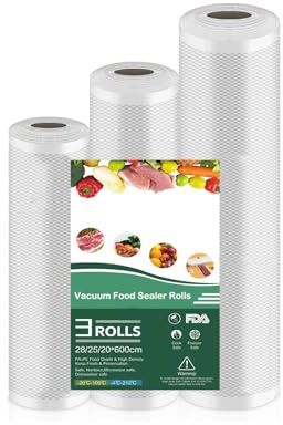 Vakuumrollen, 3 Rollen BPA-frei Profi- Folienrollen Vakumierfolienrollen für Vakuumierer & Lebensmittel Vakuumiergerät, für Vakuumierer und Folienschweißgeräte Geeignet (28/25/20x600cm)