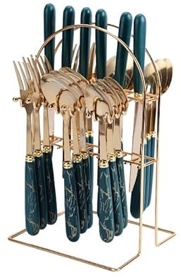 Set Di Posate In Acciaio Inox Da 24 Pezzi Per 6 Persone, Set Di Stoviglie Per Più Persone Per La Famiglia, Manici Con Finitura In Pietra, Lavabili In Lavastoviglie, (A)