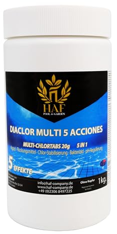 HAF® Pool Chlor Multitabs 5 in 1 | 1 kg | Langsam lösliche 20g Multi Chlortabletten mit 5 Phasen zur Pflege & Reinigung für kristallklares Poolwasser - Qualität: Made in Europe - Menge: 1 x 1 kg