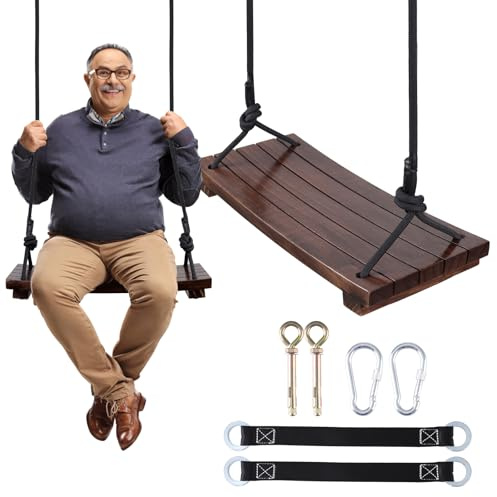 PELLOR Wooden Swing Seat, Carbonized Beech Wood Swing Set Tree Swings for Kids Children Adults Indoor & Outdoor Garden Play, Max Load 550lbs (Brown)