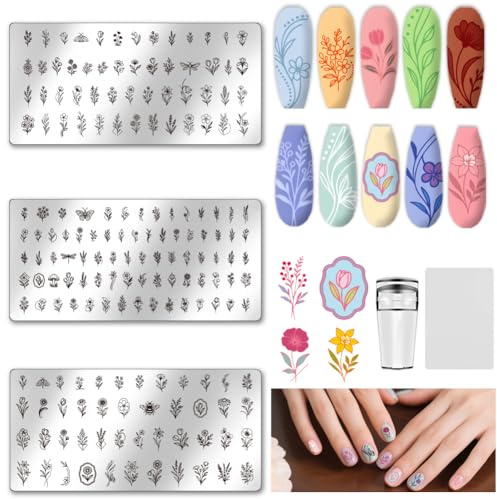 UNICRAFTALE 3Pcs Ensemble de Plaques de Tampons pour Ongles Fleur Plaque de Tampon Floral Feuilles Pochoirs pour Ongles Plaques de Nail Art avec Grattoir pour Femmes Outils de Conception D'Ongles DIY