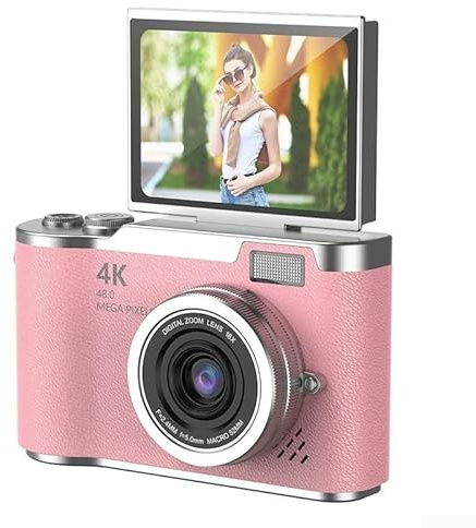 Cámara digital CCD 4K, para estudiantes, cámara de fotografía digital compacta de 48 MP, pantalla de visualización plegable de alta definición de 2,4 pulgadas para principiantes (rosa)