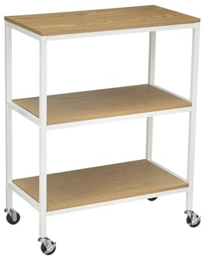 A ASPECT 3 Tiers Storage Trolley On Wheels With Wooden Shelves,Natural/White