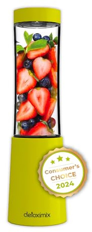 DETOXIMIX – Mini licuadora compacta de 150 W, 280 ml, batido de jugo de frutas o verduras – 2 botellas con tapa de viaje + libro de recetas incluido – Plástico sin BPA 4 hojas – Verde