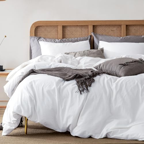 ATsense Duvet Cover, Queen Size, 100% Washed Cotton, Linen Feel, White Comforter Cover Set, Super Soft Comfortable, 3-Piece Bedding Set, Easy Care, Simple Farmhouse Style