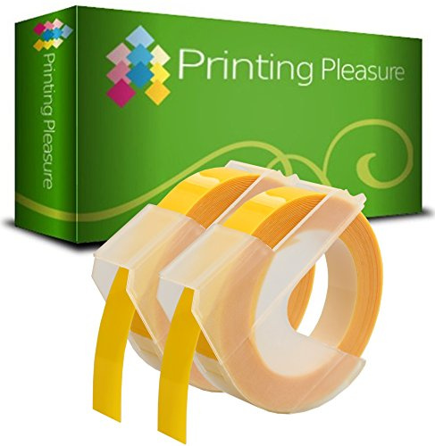 Printing Pleasure 2X Gelb Prägeetikettenband für Dymo Junior S0717900 & Omega S0717930 Prägegeräte | 9mm x 3m | weißer Druck auf gelben Untergrund