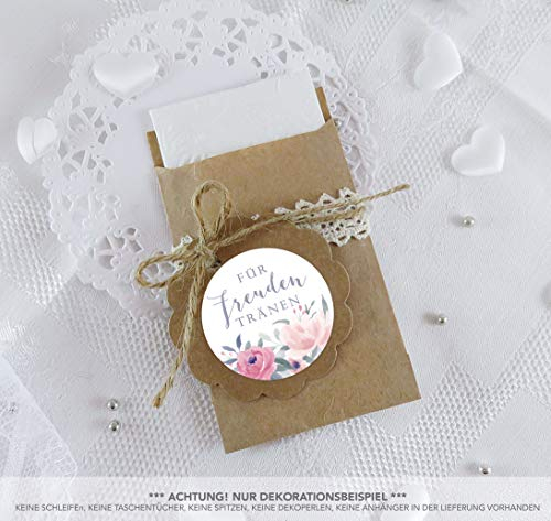 Freuden Tränen Taschentücher Set zur Hochzeit Groß 48 Sticker BLÜTEN ROSEN PASTELL ROT ROSA GRAU BLAU + 48 braune Flachbeutel 63 x 93 mm für Freudentränen Taschentuch Verpackungen Aufkleber