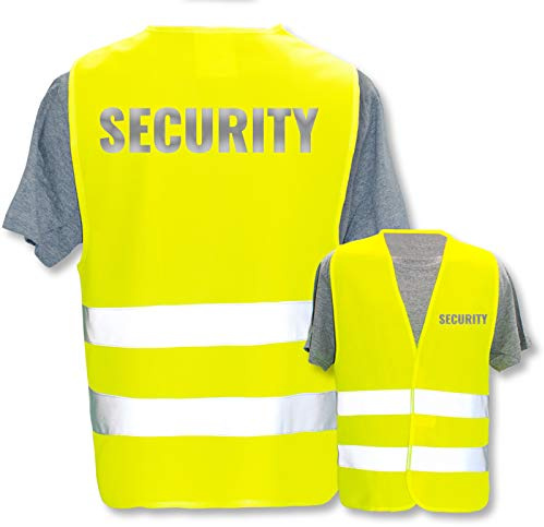 Bedruckte Warnwesten mit ISO-Leuchtstreifen * Standard- oder Reflex-Druck * Thema Sicherheit & Team, Warnweste Begriffe Security:Security (Reflektierend), Farbe + Größe:Gelb (M/L)
