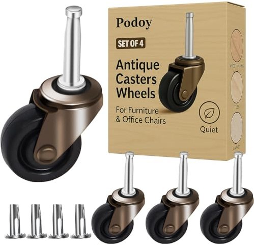 Podoy Antique Casters Wheels 1-5/8-Inch with Stem Socket Replacement for Furniture Chairs Small Sofa Office Decorative Casters Use for All Hardwood Floor (Set of 4)