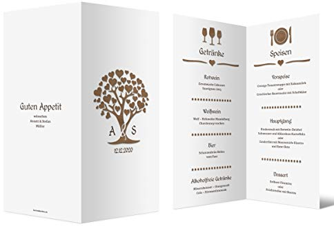 60 x Hochzeit Menükarten individuell Klappkarten DIN Lang Getränkekarte Speisekarte - Herzbaum