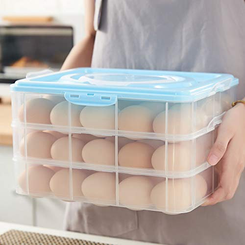 Caja Envase para Huevos, Cartón de Huevos Plástico, para la Nevera Caja con Tapa Huevera de Plástico,para nevera, cocina, al aire libre, organizador almacenamiento de huevos (azul,60 huevos)