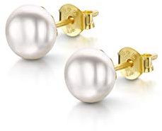 Amberta Women's 925 Sterling Silver Freshwater Pearl Stud Earrings: 6 to 7 mm White Pearl in Gold Plated Sterling Silver