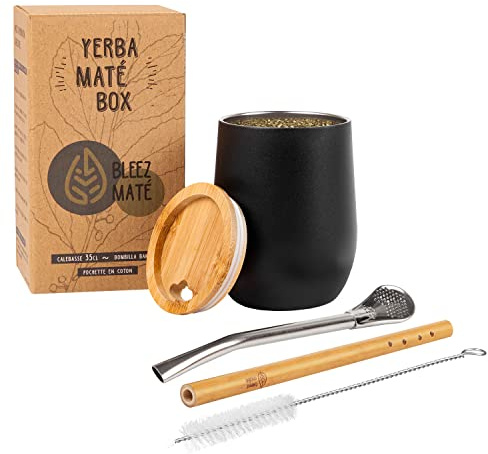 Pack Calebasse Maté Bombilla Bambou [Tasse Double Paroi isotherme Acier 350ML + 2 Bombillas + Kit d'entretien + Pochette] avec Couvercle en Bois naturel Ensemble à Thé Coffret Yerba Mate
