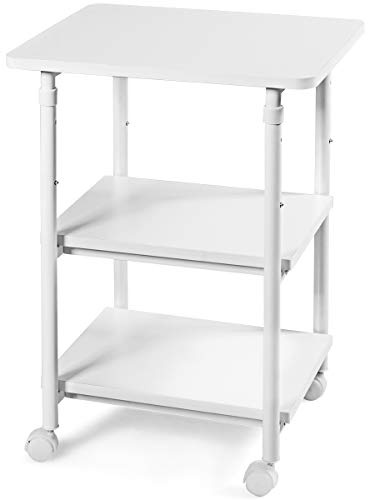CASART 2/3 Tier Printer Stand, Fax Stand on Wheels, up to 45kg/50kg, Open Shelves Mobile Printer Cart for Home Office (49 x 40 x 67-77cm, White)