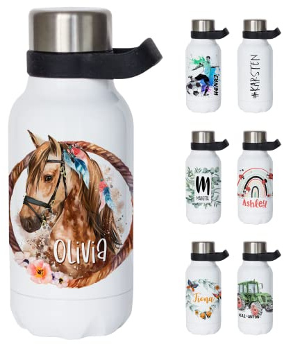 GRAZDesign Thermosflasche mit Henkel | Pferd braun | Trinkflasche personalisiert mit Namen, auslaufsicher, Wasserflasche BPA-frei, Edelstahl, Kohlensäure geeignet, 550ml