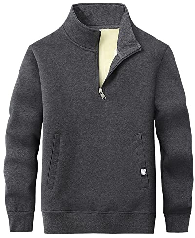 Jamron Uomo Inverno Colletto Rialzato Zip Corta Felpa Pullover Top in Pile Sherpa Caldo Maglione Giacca con 2 Tasche Grigio M