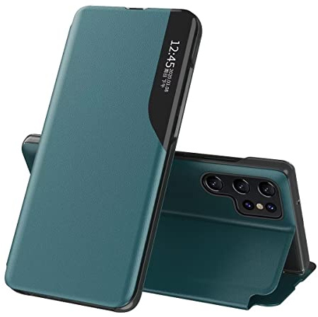 EASSGU Leder Hülle für Samsung Galaxy S23 Ultra (6.8 Inches) Seitenfenster Flip Halter PU Leder Handyhülle, Kratzfest, Stoßfest Schützend Case - Grün