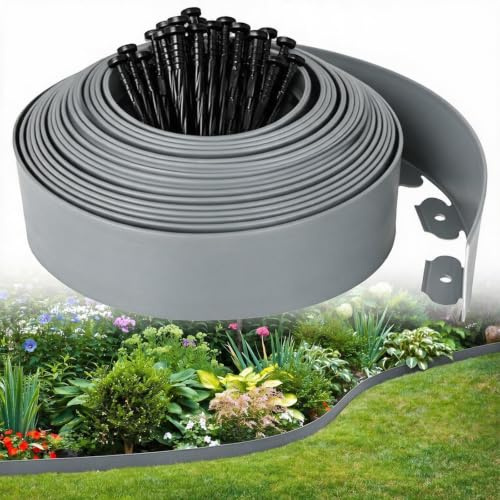 HUIMO Bordure de pelouse flexible - Longueur : 10 m - Kit de bordure de jardin en plastique avec 30 piquets de jardin, bordure de chemin sans creusement pour herbe, parterre de fleurs, pavés (gris