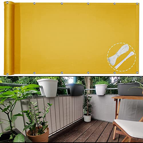 Balkon Sichtschutz Balkonabdeckung 85X500cm Blickdichte Balkonumspannung Tennisblende Schattiernetz Blickdichte Wasserfest Windfest UV-Schutz für Garten Terrasse mit ?sen Kabelbinder und Seil gelb