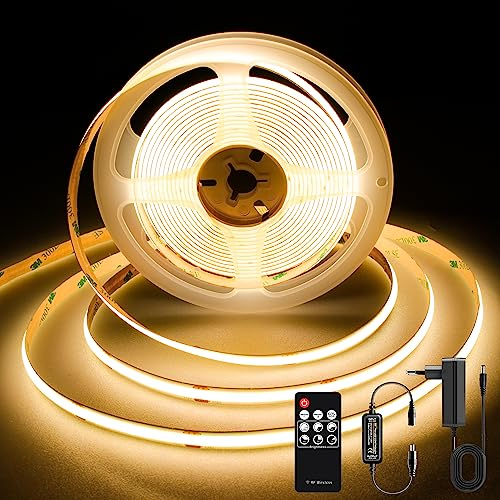TTWAY COB LED Streifen 3M, 2700K Warmweiße LED Streifen mit Netzteil und Fernbedienung, DC24V, 480LEDs/M, CRI 90+, 8mm Breite, Dimmbare Light Strips für die Schlafzimmerdekoration