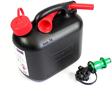 Benzinkanister 5 L mit Sicherheits-Einfüllsystem Ausgießer grün für Öl oder Kettenhaftöl Kanister UN-Zulassung Kinder-Sicherheitsverschluss Diesel Benzin ÖL E10 + E85 Kettensägen Rasenmäher Auto