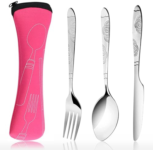3 Stück Reisebesteck, WitBicg Göffel Camping Besteckset Besteck Zum Mitnehmen 1 Person Wiederverwendbar Edelstahl Geeignet Für Schule, Büro, Firma, Campingbesteck Mit Tragetasche (Muster - Rot)