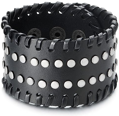 COOLSTEELANDBEYOND Nieten Leder-Armband, Herren Schwarze Echtem Breiten Geflochtene Leder Schweißband Armreif Armband, Punk Rock