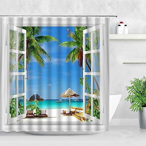 VEKETE Tropical Paysage Rideau De Douche 3D Fenêtre Ouverte Océan Plage Étoile De Mer Coquillage Palmier Paysage Étanche Salle De Bains Décor Rideaux,7,Votre Image/Photo