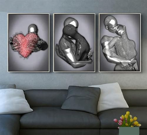 DLKAJFK 3D Amante Romantico Scultura Poster Figura in Metallo Statua Arte Amore Cuore Bacio Immagini Arte da Parete, Pittura Murale Donna Africana Nera, Senza Cornice (Poster 03, 3 Pezzi - 30 x 40 cm)