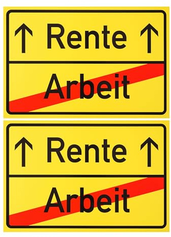 Start der Rente Schild, 2 Stück, 1 mm PVC, 30 x 20 cm, Scherzartikel für Rentner, Spaßschild mit Ortsschild Arbeit Rente, lustiges Hinweisschild für Ruhestand, Spaßartikel Geschenk Arbeitskollege Set