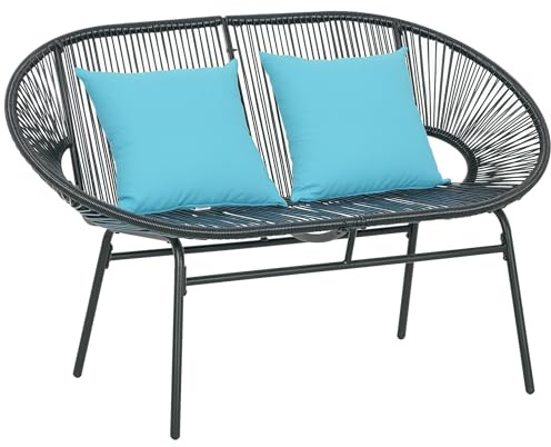 Outsunny Banquette Banc de Jardin 2 Places en Acier et Cordage en résine avec 2 Coussins - dim. 132L x 72l x 83H cm - Noir