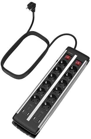 UCOMEN grenuttag 12-vägs med 2 USB C 4 USB A och överbelastningsskydd, 2 m förlängningskabel, dubbelströmbrytare, 12-vägs flera uttag för skrivbord, mötesrum, café, 16 A/3680 W