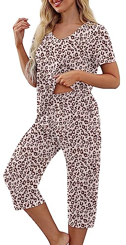 Women 2 Piece Loungewear Set Tracksuit Short Sleeve V Neck Tops Capri Pants Cropped Trousers Lounge Sets Summer Outfits Soft Comfort Pajamas Sets Homewear Ladies Co Ord Set Loose Comfort Sleepwear