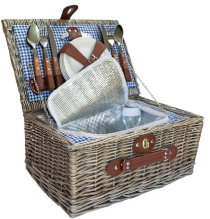 Arthur Cameron - Blue Gingham Wicker Picnic Basket for 2 People | Two Person Wicker Picnic Basket with Blue Gingham Lining, Tableware for Two & Removable Insulated Cool Bag