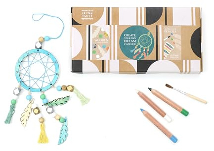 COTTON TWIST Make Your Own Dreamcatcher Craft Kit, Plastic Free Wooden Set | Includes watercolour pencils, sharpener, paintbrush, and threads to blend vibrant colours and create bedroom decor tassels.