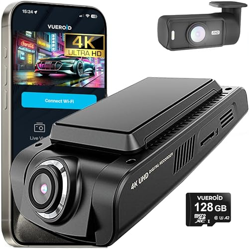 Vueroid D21 4K 2CH Dashcam, monitoraggio doppio canale, fotocamera frontale ultra HD, 128 GB HDR WiFi Time Lapse Dual Cam GPS Night Vision