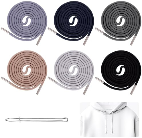 Morocket Kordel für Jogginghose, 6 Stück Kordel für Hosenbund mit 1 Einfädler, Kordel Baumwollee, Kordelzug für Hoodie, Metall Ersatz-Saiten, Universal 140 cm Kordelenden für Sporthosen Kapuzenpullis