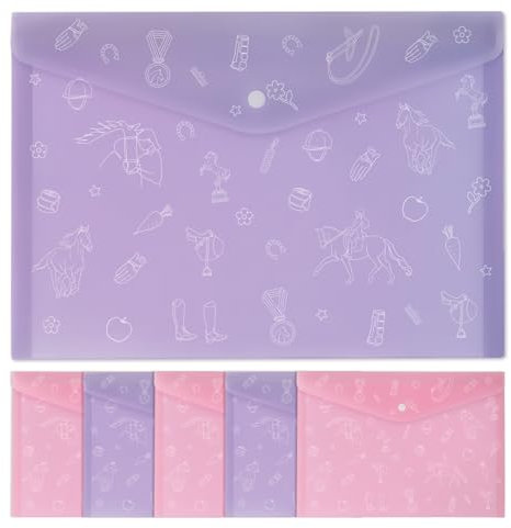 6 Stück 2 Farben Pferde Mädchen Geschenk Dokumententasche A4 Datei Taschen Dokumentenmappe mit Druckknopf für Dokumente Organisieren Sichttasche Kunststoff Bürodokument Schreibwaren