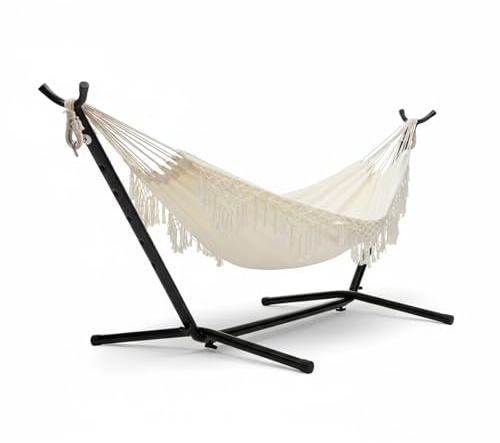 Amaca con Supporto – Amaca da Giardino con Struttura in Metallo Robusta – Confortevole, Portatile e Regolabile – Tessuto Resistente – Per Giardino, Terrazzo ed Esterno – 200x150 cm – Di Campingwise