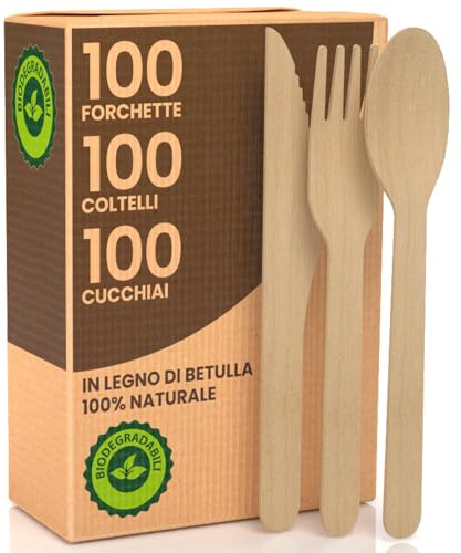 Set Posate Ecologiche Monouso in Legno di Betulla - 100 Forchette + 100 Coltelli + 100 Cucchiai - Usa e Getta 100% Naturali Biodegradabili Compostabili
