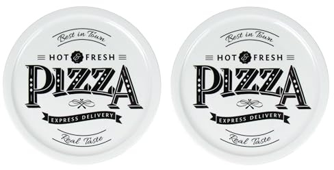 Lentz Pizzateller Ø 31cm aus Porzellan mit Retro Pizza Schriftzug - wahlweise inkl. Pizzaschneider (2er Set)