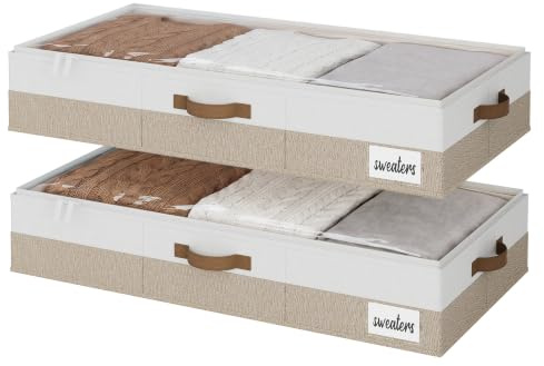 StorageWorks Unterbett Aufbewahrung, große Unterbett Aufbewahrungsbox mit Deckel Stoff, faltbare Unterbettkommode für Kleidung, Decken und Schuhe, Organizer-Bettkasten, Braun & Weiß, 2 Stück