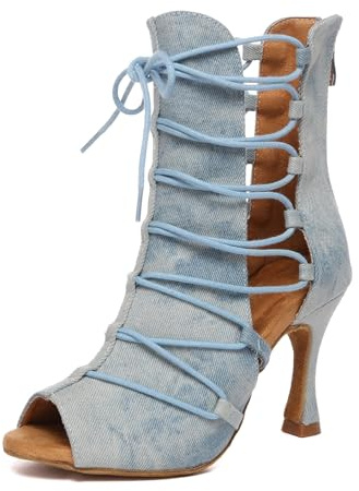 MINITOO Mujer Latina Salón Baile Zapatos Cordones Cordones Fiesta Abierta Sandalias Formal Botas, L614 Azul claro 9 cm Tacón, 37 EU