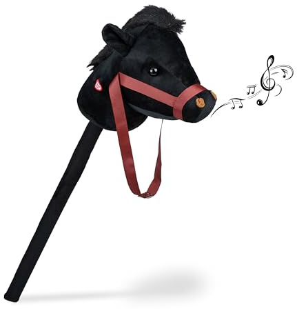 Relaxdays Steckenpferd mit Sound, Kinder, Plüsch & Kunststoff, Höhe: 68 cm, niedliches Stockpferd, Stabpferd, schwarz