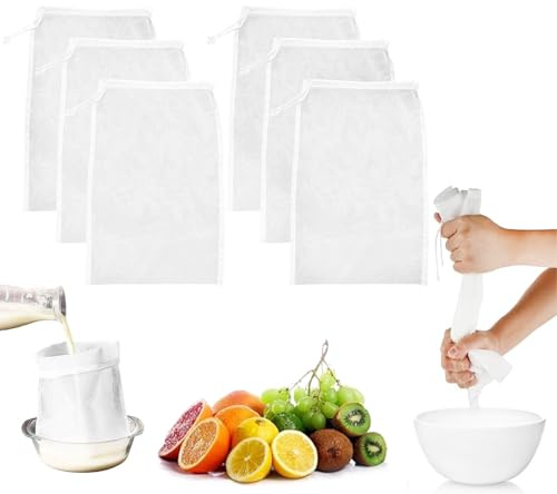 6 Stück nussmilchbeutel,passiertuch,passiersieb,abseihtuch sieb fein bio waschbar,feinmaschig presstuch filterbeutel nussbeutel milchbeutel siebbeutel nut milk bag für Käse Fruchtsaft Kaffee Gemüsesaf