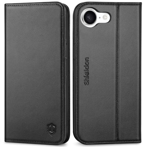 SHIELDON Echtleder Hülle für iPhone 17e/iPhone 16e 6,1 5G, Schwarz | 3 Kartenfächer, Standfunktion, RFID Blocker, Stoßfest, Verdichtetes TPU, Magnet Lederhülle, Schutzhülle, Klapphülle